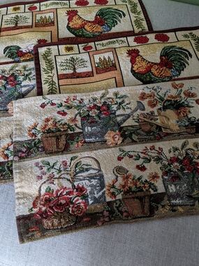 Rooster & Floral Tapestry Vintage Placemats - Cream, Green, Red